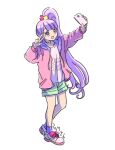  1girl :d arm_up blunt_bangs commentary_request dated full_body green_shorts hand_up holding holding_phone hood hood_down hooded_jacket jacket long_hair long_sleeves manaka_non open_clothes open_jacket open_mouth outstretched_arm phone pink_jacket pretty_series pripara purple_hair rituyama1 selfie shirt shoes short_shorts shorts side_ponytail simple_background smile sneakers socks solo standing taking_picture very_long_hair violet_eyes w_over_eye white_background white_shirt 