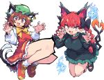  2girls :3 :d absurdres animal_ear_fluff animal_ear_piercing animal_ears ass bare_legs blush bow bowtie brown_eyes brown_hair cat_ears cat_girl cat_tail chen claw_pose cocokana commentary_request dress earrings fang fingernails flat_chest full_body gold_trim green_headwear hair_between_eyes hair_ribbon hat highres jewelry kaenbyou_rin long_hair long_sleeves looking_at_viewer mob_cap multiple_girls multiple_tails nail_polish nekomata notice_lines perspective petticoat pointy_ears puffy_long_sleeves puffy_sleeves red_eyes redhead ribbon sharp_fingernails shoes simple_background single_earring skin_fang smile sneakers tail touhou twintails two_tails v-shaped_eyebrows white_background yellow_bow yellow_bowtie 