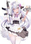  1girl alternate_costume angel_wings apron assault_rifle azusa_(blue_archive) blue_archive blush cake cake_slice closed_mouth enmaided feathered_wings food frilled_apron frills gun hair_between_eyes highres holding holding_tray long_hair looking_at_viewer m4_carbine maid maid_apron maid_headdress retsuto revision rifle simple_background solo thigh-highs tray violet_eyes weapon white_apron white_background white_hair white_thighhighs white_wings wings 