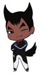  1boy animal_ears black_bodysuit black_eyes black_footwear black_hair bodysuit chest_harness chibi crossed_arms dark-skinned_male dark_skin dog_boy dog_ears dog_tail ear_piercing empty_eyes fang fang_out full_body hands_up harness ice_skates lapithai looking_at_viewer lowres male_focus mole mole_under_eye one_eye_closed original piercing short_hair simple_background skates smirk solo standing tail thick_eyebrows very_short_hair white_bodysuit 