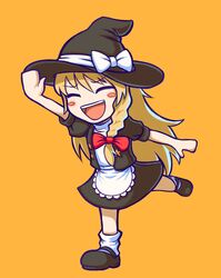  1girl :d adapted_costume apron black_footwear black_headwear black_jacket black_skirt blonde_hair blush_stickers bow braid closed_eyes commentary_request cookie_(touhou) full_body hair_bow hat hat_bow highres jacket kirisame_marisa long_hair mary_janes medium_bangs open_clothes open_mouth open_shirt orange_background puffy_short_sleeves puffy_sleeves shirt shoes short_sleeves side_braid simple_background single_braid skirt smile solo star_(symbol) suzu_(cookie) teeth touhou tsukuru_hajime upper_teeth_only waist_apron waving white_bow white_shirt witch_hat 