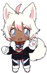  1boy ahoge animal_collar animal_ears animal_hands black_bodysuit black_jacket black_pants black_shorts blue_eyes bodysuit borrowed_character chest_harness chibi collar colored_inner_hair colored_tips dark-skinned_male dark_skin dog_boy dog_ears dog_tail fang full_body fur-trimmed_jacket fur-trimmed_pants fur-trimmed_sleeves fur_collar fur_trim gloves gradient_eyes hair_between_eyes harness jacket lapithai long_sleeves looking_at_viewer lowres male_focus multicolored_eyes multicolored_hair open_mouth original pants paw_gloves paw_shoes pink_eyes pink_hair red_collar short_eyebrows short_hair shorts simple_background solo standing tail transparent_background v white_gloves white_hair 