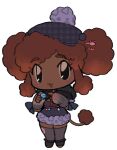  1girl :3 animal_ears beret black_eyes borrowed_character brown_hair charm_(object) chest_harness chibi curly_hair dark-skinned_female dark_skin dog_ears dog_girl dog_tail double_bun dress elbow_gloves fingerless_gloves full_body fur-tipped_tail fur-trimmed_dress fur_trim gloves hair_bun hair_ornament hairpin hands_up harness hat heart heart_hair_ornament holding holding_charm lapithai looking_at_viewer lowres medium_hair open_mouth original paw_hair_ornament pom_pom_(clothes) poodle purple_dress sidelocks simple_background sleeveless sleeveless_dress solo standing tail thigh-highs transparent_background 