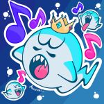  3boys artist_name blue_background boo_(mario) crown ghost ghost_tail highres king_boo m4carunes multiple_boys music musical_note nintendo open_mouth singing super_mario_bros. super_mario_bros._wonder tongue tongue_out 