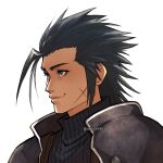  1boy armor blue_eyes classystaches closed_mouth commentary crisis_core_final_fantasy_vii cross_scar final_fantasy final_fantasy_vii final_fantasy_vii_remake hair_slicked_back male_focus portrait ribbed_sweater scar scar_on_cheek scar_on_face short_hair shoulder_armor smile solo spiky_hair sweater turtleneck turtleneck_sweater twitter_username upper_body white_background zack_fair 