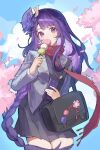  1girl cherry_blossoms clouds contemporary dango day eating falling_petals food genshin_impact hair_ornament highres holding holding_food holding_skewer jacket long_hair looking_at_viewer nagelicat outdoors petals pleated_skirt purple_hair raiden_shogun sanshoku_dango scarf skewer skirt sky thighs violet_eyes wagashi 