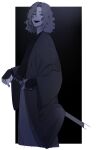  1boy :d bags_under_eyes black_background fate/grand_order fate_(series) greyscale hakama half-closed_eyes haori highres holding holding_sheath japanese_clothes katana kimono looking_at_viewer male_focus medium_hair messy_hair monochrome not_anpn open_mouth saitou_hajime_(fate) sheath sheathed simple_background smile solo sword teeth two-tone_background upper_teeth_only weapon white_background 