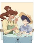  2girls bishoujo_senshi_sailor_moon blue_eyes blue_hair blush brown_hair earrings flower food hair_flower hair_ornament hat height_difference highres jewelry kino_makoto mercuri0ff mizuno_ami multiple_girls open_mouth short_hair simple_background size_difference star_(symbol) table 