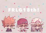  1girl 2boys anniversary backwards_hat baseball_cap black_shirt blue_oak blue_shirt brown_hair chibi confetti copyright_name expressionless hands_up hat high_collar jewelry leaf_(pokemon) long_hair mgomurainu multiple_boys necklace novelty_glasses orange_hair party_horn pendant pokemon pokemon_frlg red_(pokemon) red_headwear red_vest shirt short_hair sleeveless sleeveless_shirt spiky_hair sun_hat sunglasses upper_body v vest white_headwear 