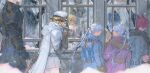  2girls 3boys absurdres ahoge alisaie_leveilleur alphinaud_leveilleur amaurot_moyu_shimin animal_ears armor au_ra belt blonde_hair blue_coat blue_eyes braid braided_ponytail breastplate breath cape cat_ears chinese_commentary coat commentary_request cowboy_shot different_reflection dragon_girl dragon_horns dragon_tail dragoon_(final_fantasy) elezen elf estinien_varlineau final_fantasy final_fantasy_xiv from_side frost fur-trimmed_coat fur_trim g&#039;raha_tia gauntlets grey_coat hair_ribbon hand_up hat haurchefant_greystone head_out_of_frame highres holding holding_map horns long_hair long_sleeves map miqo&#039;te multiple_boys multiple_girls neck_tattoo no_eyes open_mouth outdoors pointy_ears redhead reflection ribbon sage_(final_fantasy) sample_watermark scales short_hair smile tail tail_through_clothes tattoo walking watermark weapon weapon_on_back weibo_logo weibo_username white_cape white_coat white_hair white_headwear window winter ysayle_dangoulain 