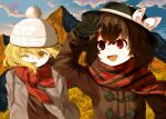  2girls :d black_gloves black_headwear blonde_hair bow brown_coat brown_hair clouds cloudy_sky coat commentary_request fedora gloves hat hat_bow long_sleeves maribel_hearn mountainous_horizon multiple_girls one_eye_closed open_clothes open_coat open_mouth outdoors plaid plaid_scarf pom_pom_(clothes) purple_coat red_eyes red_scarf scarf short_hair sky smile touhou upper_body usami_renko white_bow white_headwear wind yellow_eyes zetsumame 