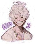  1boy bishounen cloud_hair curly_eyebrows gear_fifth gear_second highres looking_at_viewer m0kaccinoh male_focus monkey_d._luffy one_piece scar scar_on_cheek scar_on_chest scar_on_face smile solo teeth white_hair 