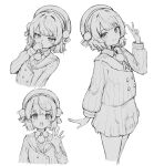 1girl :d beret blush braid buttons closed_mouth double-breasted greyscale hair_ornament hand_up hat highres indie_virtual_youtuber long_sleeves looking_at_viewer monochrome multiple_views open_hand pom_pom_(clothes) pom_pom_hair_ornament ruka_tou sailor_collar shigure_ui_(vtuber) short_hair simple_background skirt smile thinking v virtual_youtuber white_background 