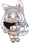  1girl :3 animal_ears belt black_scarf blue_eyes blush_stickers borrowed_character brown_leg_warmers brown_skirt chest_harness chibi dark-skinned_female dark_skin dog_ears dog_girl dog_tail full_body fur-trimmed_sleeves fur_trim grey_hair hair_between_eyes hairband hands_up harness lapithai leg_warmers long_hair long_sleeves looking_at_viewer lowres no_pupils open_mouth original pom_pom_(clothes) scarf shrug_(clothing) simple_background skirt solo standing sweater tail thigh-highs transparent_background white_hair white_sweater white_thighhighs 