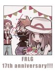  1girl 2boys anniversary arm_up banner baseball_cap black_border black_shirt black_wristband blank_eyes blue_oak blue_pants blue_shirt blush border brown_eyes brown_hair cake candle commentary confetti copyright_name dessert food fruit grey_background hands_up happy hat highres holding holding_cake holding_food leaf_(pokemon) long_hair looking_at_another looking_at_viewer mgomurainu multiple_boys open_mouth pants party_popper pokemon pokemon_frlg purple_pants red_(pokemon) red_headwear red_vest shirt short_sleeves sleeveless sleeveless_shirt smile spiky_hair strawberry surprised sweatdrop upper_body vest white_headwear 