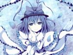  1girl artist_request blue_theme bow capelet closed_mouth frilled_capelet frills hat hat_bow highres looking_at_viewer nagae_iku short_hair smile solo third-party_source touhou upper_body 