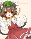  1226_waka 1girl :3 :d animal_ear_fluff animal_ear_piercing animal_ears blush bow bowtie brown_hair cat_ears cat_tail chen commentary_request dated double-parted_bangs earrings frills gold_trim green_headwear hair_between_eyes hands_up hat highres jewelry long_sleeves looking_at_viewer mob_cap motion_lines multiple_tails nekomata open_mouth petticoat puffy_long_sleeves puffy_sleeves red_eyes red_skirt red_vest short_hair simple_background single_earring skirt smile solo tail touhou translation_request two_tails vest white_bow white_bowtie 