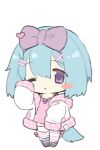  1girl :&lt; animal_ears blouse blue_hair blush_stickers borrowed_character bow chibi closed_mouth dog_ears dog_girl dog_tail full_body hair_between_eyes hair_ornament hairpin hand_up headband jacket lapithai looking_at_viewer lowres medium_hair one_eye_closed original pale_skin pink_footwear pink_jacket pink_socks purple_bow shirt simple_background sleeves_past_fingers sleeves_past_wrists socks solo standing striped striped_socks tail thigh-highs transparent_background violet_eyes white_jacket white_socks white_thighhighs 