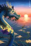  1boy 2024 above_clouds chinese_zodiac clouds dragon dragon_boy eastern_dragon facial_hair highres kaidou_(one_piece) kakiage_u male_focus mustache ocean one_piece perspective sky_focus solo sunrise year_of_the_dragon 