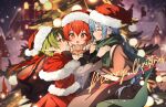  3girls absurdres aged_down blue_hair blurry braid brown_cloak christmas_tree cloak closed_mouth depth_of_field drooling eris_greyrat flat_chest gingerbread_man green_hair green_scarf hair_between_eyes hat highres humany long_bangs long_hair looking_at_another merry_christmas multiple_girls mushoku_tensei open_mouth pointy_ears red_eyes redhead roxy_migurdia santa_costume santa_hat scarf smile snowing sparkling_eyes sylphiette_(mushoku_tensei) twin_braids 