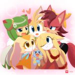  1girl 4girls anger_vein artist_name blush bow bowtie bracelet brown_hair chao_(sonic) cheese_(sonic) commentary cosmo_(sonic) cream_the_rabbit fang fiona_fox fox_boy fox_girl hair_bow highres howxu jewelry midriff multiple_girls one_eye_closed simple_background sleeveless sonic_(series) sonic_the_hedgehog_(archie_comics) sonic_x tails_(sonic) zooey_(sonic) 