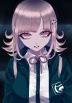  1girl backpack bag black_shirt breasts brown_hair collared_shirt danganronpa_(series) danganronpa_2:_goodbye_despair dress_shirt flipped_hair galaga green_jacket grey_shirt hair_ornament jacket kamin_(0428hopelove) large_breasts medium_hair nanami_chiaki neck_ribbon open_clothes open_jacket pink_eyes pink_ribbon ribbon shirt solo teeth 