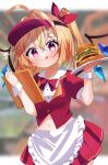  1girl :q absurdres ahoge alternate_costume apron blonde_hair blurry blurry_background blush bow bowtie breasts burger closed_mouth commentary_request cowboy_shot crystal crystal_wings cuffs eyelashes flandre_scarlet food hair_between_eyes hair_bow hair_intakes hair_ribbon hands_up highres holding holding_food holding_tray iris_(airisu495) light_smile looking_at_viewer medium_hair midriff navel one_side_up pleated_skirt red_bow red_bowtie red_eyes red_skirt red_vest ribbon short_sleeves skirt small_breasts solo standing tongue tongue_out touhou tray vest waist_apron waitress white_apron wings wrist_cuffs 