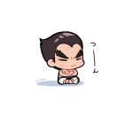  1boy black_hair chibi closed_eyes closed_mouth crossed_arms highres kotorai male_focus martial_arts_belt mishima_kazuya pants scar scar_on_arm scar_on_cheek scar_on_face shadow short_hair sideburns signature sitting solo tekken thick_eyebrows topless_male v-shaped_eyebrows white_background white_pants 