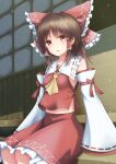 1girl absurdres ascot bow brown_eyes brown_hair commentary_request detached_sleeves frilled_bow frilled_hair_tubes frills hair_bow hair_tubes hakurei_reimu highres long_hair looking_at_viewer messiah_&amp;_crea open_mouth red_bow red_skirt ribbon-trimmed_sleeves ribbon_trim sitting skirt skirt_set sliding_doors solo touhou yellow_ascot 