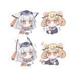  2girls animal_ears arknights armband bear_ears bear_girl black_dress candy_hair_ornament chibi dress fish_(food) food food-themed_hair_ornament fukarinchi goggles goggles_around_neck grey_hair gummy_(arknights) hair_ornament highres holding holding_food medium_hair multiple_girls nigirizushi no_mouth orange_eyes owl_ears ptilopsis_(arknights) rhine_lab_logo sailor_dress simple_background sushi twintails white_background white_dress 