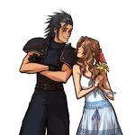  1boy 1girl aerith_gainsborough armor baggy_pants bare_arms bare_shoulders belt black_gloves black_hair blue_eyes brown_hair classystaches commentary couple cowboy_shot crisis_core_final_fantasy_vii crossed_arms dress english_commentary eye_contact final_fantasy final_fantasy_vii flower gloves hair_ribbon hair_slicked_back height_difference holding holding_flower long_hair looking_at_another multiple_belts pants parted_bangs parted_lips pink_ribbon profile ribbon shoulder_armor sidelocks sleeveless sleeveless_dress sleeveless_turtleneck smile spiky_hair sweater turtleneck turtleneck_sweater twitter_username white_background yellow_flower zack_fair 