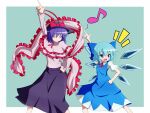  2girls arm_up black_headwear blue_bow blue_dress blue_eyes bow capelet cirno cirno_day closed_eyes closed_mouth commentary_request detached_wings dress frilled_shawl frills garukichi hair_bow hat hat_bow highres ice ice_wings index_finger_raised long_skirt long_sleeves multiple_girls musical_note nagae_iku open_mouth purple_hair red_bow shawl shirt short_sleeves simple_background skirt smile touhou white_capelet white_shirt wings 