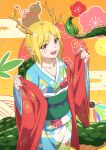  1girl blonde_hair blue_kimono blush check_commentary commentary_request dragon_horns dragon_tail egasumi gyouza_(mhea5724) haori highres horns japanese_clothes kicchou_yachie kimono long_sleeves obi obijime open_mouth pointy_ears red_eyes red_haori sash short_hair smile solo tail touhou wide_sleeves yellow_horns 