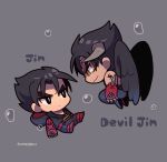  2boys belt black_eyes black_hair black_jacket black_pants black_wings bright_pupils bubble character_name chibi closed_mouth devil_jin evil_smile fingerless_gloves forehead_jewel gloves grey_background grey_horns horns jacket kazama_jin kotorai male_focus multiple_boys no_nose pants red_belt red_footwear shoulder_tattoo smile studded_gloves tattoo tekken thick_eyebrows v-shaped_eyebrows white_pupils wings 