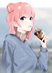  1girl absurdres blue_eyes blue_nails blue_sweater blurry blurry_background food food_on_face hair_bun hayase_illusut highres holding holding_food ice_cream_cone long_sleeves looking_at_viewer nail_polish pink_hair short_hair single_hair_bun single_side_bun solo sweater tongue tongue_out upper_body waffle_cone yahari_ore_no_seishun_lovecome_wa_machigatteiru. yuigahama_yui 