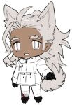  1boy ahoge animal_ears black_footwear black_gloves borrowed_character bright_pupils chibi claws coat dog_boy dog_ears dog_tail facial_hair full_body gloves goatee grey_eyes grey_hair hand_up lapithai long_hair long_sleeves looking_at_viewer lowres male_focus mature_male open_mouth original pants pointy_ears simple_background solo standing tail thick_eyebrows transparent_background white_coat white_pants white_pupils 