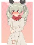  1girl absurdres ada_badguy anchovy_(girls_und_panzer) arm_under_breasts black_ribbon blush border buttons closed_mouth coat collar commentary_request drill_hair embarrassed frown girls_und_panzer gradient_background green_hair hair_ribbon hand_on_own_arm highres holding_own_arm long_hair long_sleeves looking_down nose_blush pink_background red_collar red_eyes ribbon solo standing steam twin_drills twintails wavy_mouth white_border white_coat 