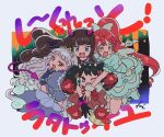  4girls :d animal_hands arms_up black_hair blue_dress blue_eyes blue_gloves blunt_bangs bow braid brown_hair commentary demon_tail dress fangs frilled_dress frills gaaruru_(pripara) gloves grey_hair hair_bow hand_up hug idol_clothes idol_time_pripara jumping koda_michiru kurosu_aroma long_hair looking_at_viewer looking_to_the_side miichiru_(pripara) multiple_girls one_eye_closed open_mouth paw_gloves paw_shoes ponytail pretty_series pripara puffy_short_sleeves puffy_sleeves red_eyes redhead rituyama1 shiratama_mikan short_sleeves smile symbol-only_commentary tail tiara translation_request twin_braids twintails very_long_hair wavy_hair yellow_eyes 