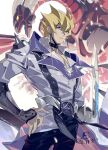  1boy artist_name black_choker black_pants blonde_hair choker coat dated dragon duel_disk duel_monster e_volution earrings fangs horns jack_atlas jewelry necklace open_mouth pants red_dragon_archfiend spiky_hair violet_eyes white_coat yellow_eyes yu-gi-oh! yu-gi-oh!_5d&#039;s 