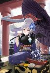  1girl 2024 anizi black_wings blue_archive blue_flower braid closed_mouth demon_wings flower fur-trimmed_kimono fur_trim grey_hair hair_flower hair_ornament halo happy_new_year haruna_(blue_archive) haruna_(new_year)_(blue_archive) highres holding holding_umbrella japanese_clothes kimono long_hair long_sleeves obi official_alternate_costume oil-paper_umbrella osechi purple_kimono red_eyes red_halo rope sash shimenawa side_braid single_wing smile solo torii umbrella wide_sleeves wings 