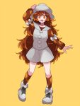  1girl :d arm_up brown_hair brown_shirt brown_socks full_body gotoroku_(pkg) grey_footwear grey_headwear grey_shorts grey_vest hand_on_headwear heatran highres kneehighs long_sleeves orange_eyes personification pokemon shirt shorts simple_background smile socks solo vest yellow_background 