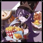  1girl :q bare_shoulders chevreuse_(genshin_impact) detached_sleeves dress earmuffs earmuffs_around_neck eating eyepatch food food_on_face french_fries genshin_impact hat highres licking_lips long_hair multicolored_hair ojaga_moi onion_rings purple_hair shako_cap streaked_hair tongue tongue_out two-tone_hair very_long_hair violet_eyes white_hair 