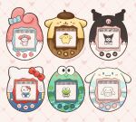 3boys 3girls blue_bow blush_stickers bow brown_headwear cinnamoroll closed_eyes hasunoue_keroppi hello_kitty hello_kitty_(character) highres kero_kero_keroppi kurain_villager kuromi my_melody no_humans one_eye_closed onegai_my_melody pompompurin red_bow sanrio sitting smile tamagotchi