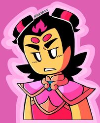  1boy angry armor black_hair double_bun hair_bun lego m4carunes male_focus monkie_kid nezha_(monkie_kid) pink_background pink_shirt shirt shoulder_pads shoulder_plates simple_background sleeveless solo 