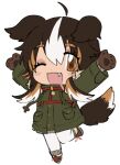 1girl animal_ears animal_hands arms_up blush_stickers borrowed_character brown_eyes brown_footwear brown_gloves brown_hair chest_harness chibi coat dog_ears dog_girl dog_tail drooling fang full_body gloves green_coat hair_between_eyes harness lapithai long_hair long_sleeves looking_at_viewer lowres mouth_drool multicolored_hair one_eye_closed open_mouth original pants paw_gloves sidelocks simple_background solo standing standing_on_one_leg streaked_hair tail transparent_background white_hair white_pants 