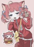  1girl :d absurdres ahoge akami_karubi animal_bag animal_ears animal_hands blue_ribbon blush burger chibi chibi_inset commentary_request cowboy_shot food gloves grey_eyes hair_ribbon hands_up highres indie_virtual_youtuber jacket jitome kunoichi_kazuhito_(kuno_kazu) looking_at_viewer name_tag open_mouth pants paw_gloves pink_background red_jacket red_pants red_tail redhead ribbon short_twintails simple_background single_glove smile track_jacket twintails 