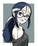  1girl absurdres blue_hair glasses grey_hair heterochromia highres lilith_clawthorne long_hair looking_at_viewer n_k_m off_shoulder pointy_ears simple_background smile solo sweater the_owl_house 