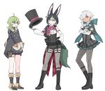  1girl 2boys :o ahoge animal_ears argyle arm_at_side back_bow black_corset black_dress black_footwear black_headwear black_jacket black_shorts blue_bow boots bow bowtie collei_(genshin_impact) commentary corset cosplay crossdressing crossed_arms cyno_(genshin_impact) dark-skinned_male dark_skin detached_sleeves dress fox_boy fox_ears fox_tail freminet_(genshin_impact) freminet_(genshin_impact)_(cosplay) genshin_impact gold_trim green_eyes green_hair grey_pantyhose grey_thighhighs hat highres himeko_(nico6v6pachi) holding holding_clothes holding_hat jacket long_sleeves looking_at_another looking_at_viewer lynette_(genshin_impact) lynette_(genshin_impact)_(cosplay) lyney_(genshin_impact) lyney_(genshin_impact)_(cosplay) multiple_boys pantyhose pink_bow pink_bowtie pink_eyes red_eyes shirt short_hair shorts simple_background single_leg_pantyhose tail thigh-highs thigh_strap tighnari_(genshin_impact) top_hat two-tone_eyes unworn_hat unworn_headwear violet_eyes white_background white_pantyhose white_shirt 