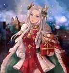  1girl blue_sky cape castle christmas closed_mouth commentary edelgard_von_hresvelg edelgard_von_hresvelg_(snowfall_future) eyelashes fire_emblem fire_emblem:_three_houses fire_emblem_heroes fur-trimmed_cape fur_trim gift gloves green_cape highres holding holding_gift jewelry long_hair looking_at_viewer neck_ring official_alternate_costume red_cape schereas sky solo two-sided_cape two-sided_fabric two-tone_cape violet_eyes white_gloves white_hair 