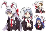  4girls animal_hat black_jacket blue_hair brown_hair crescent crescent_pin dango eating food hat highres himuhino jacket looking_at_viewer multiple_girls necktie nervous rabbit_hat red_eyes red_necktie reisen_(touhou_bougetsushou) reisen_udongein_inaba ringo_(touhou) seiran_(touhou) shirt sketch smile touhou wagashi white_background white_shirt 